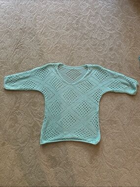 Light Mint Open-Knit V-Neck crochet  Sweater